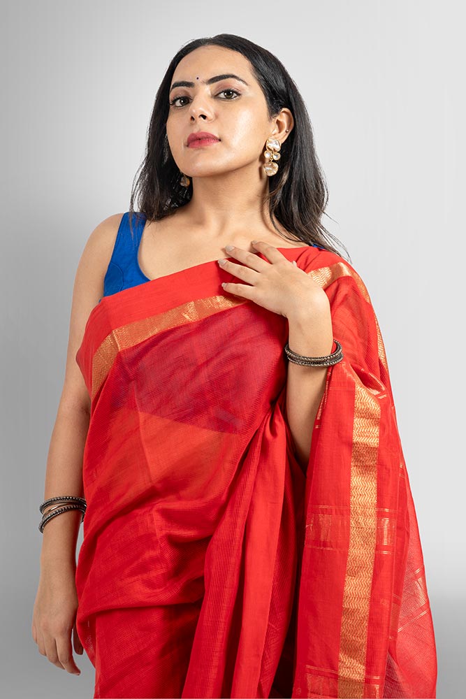 Bold Red Maheshwari Self-stripe Zari Pallu handloom