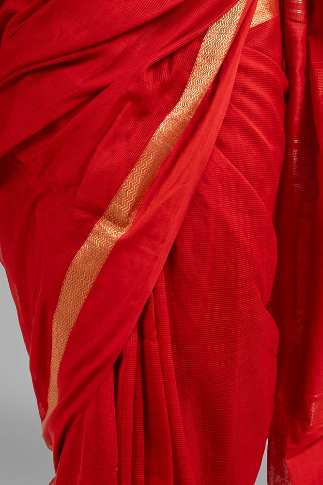 Bold Red Maheshwari Self-stripe Zari Pallu handloom