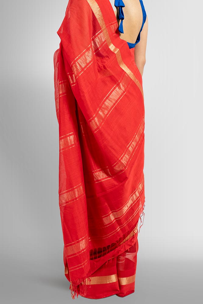 Bold Red Maheshwari Self-stripe Zari Pallu handloom