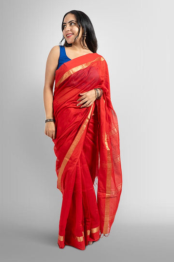 Bold Red Maheshwari Self-stripe Zari Pallu handloom