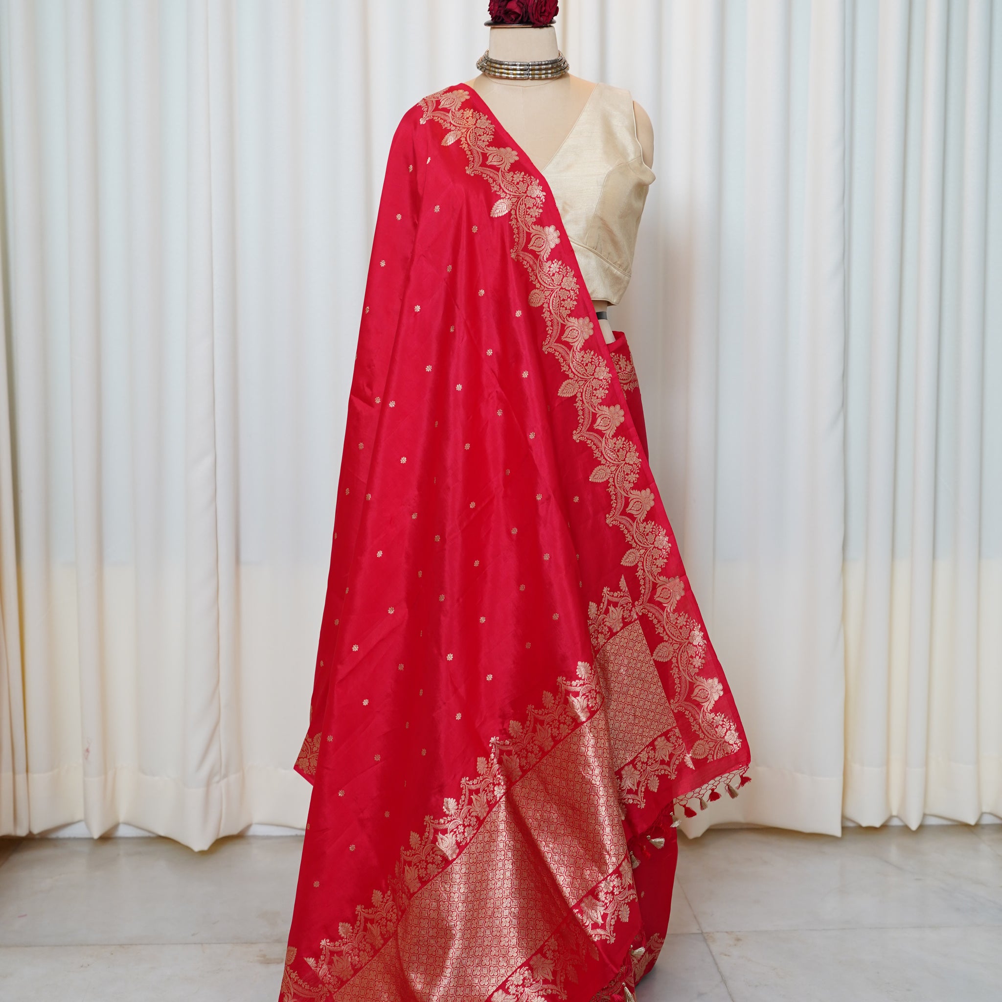 Bold  Red Pure Silk Kadwa Gold zari butti  Banarasi Saree