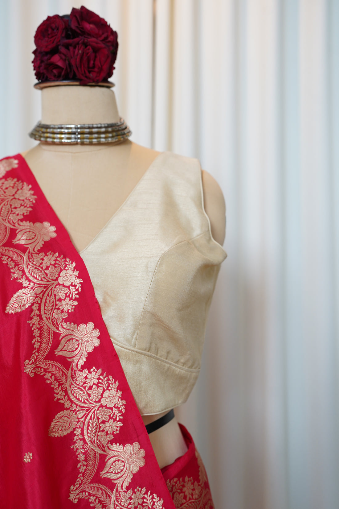 Bold  Red Pure Silk Kadwa Gold zari butti  Banarasi Saree