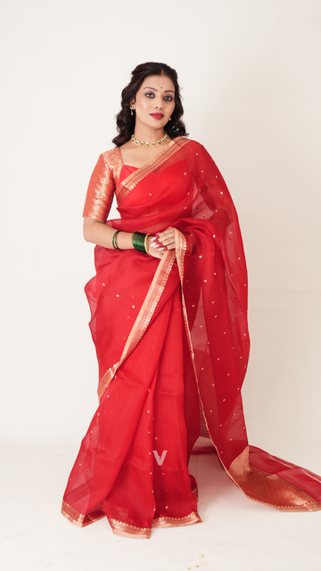 Bold Red Kora Silk Small Border Handloom Banarasi Saree