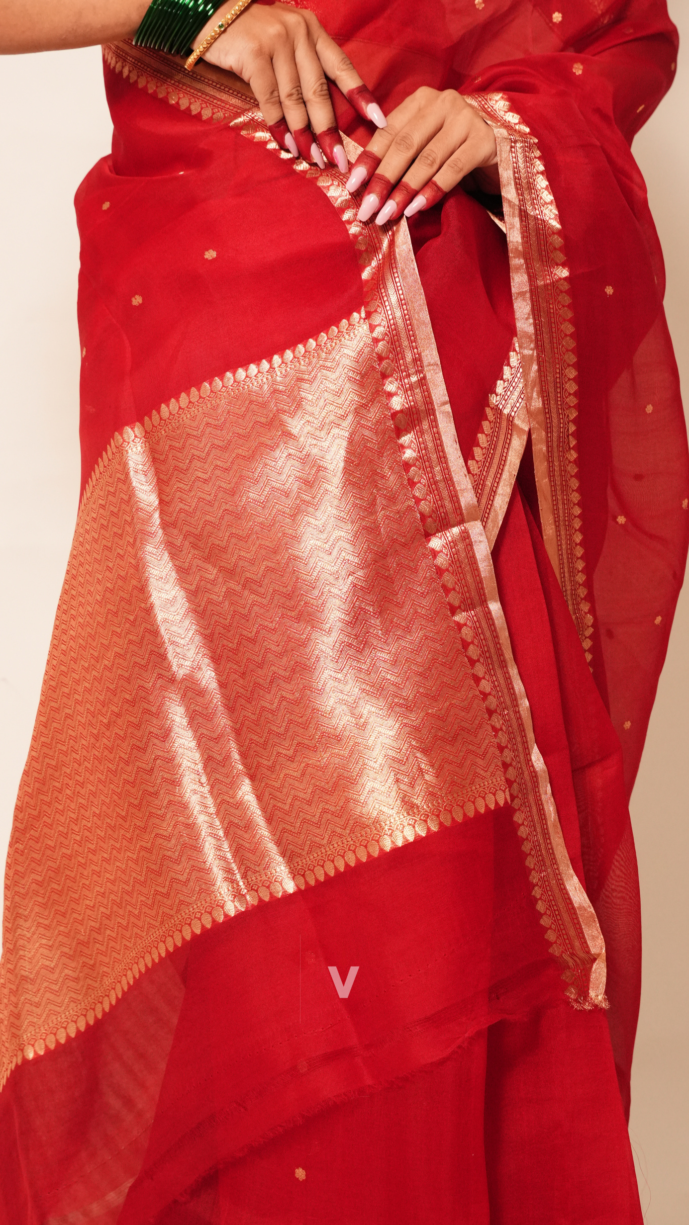 Bold Red Kora Silk Small Border Handloom Banarasi Saree