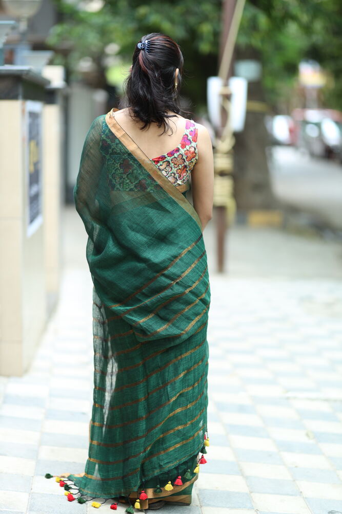 Bottle Green Copper Pallu Plain Handloom Linen