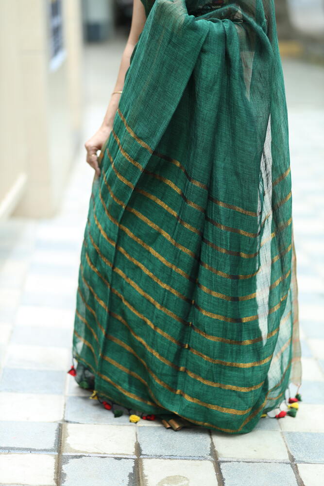 Bottle Green Copper Pallu Plain Handloom Linen