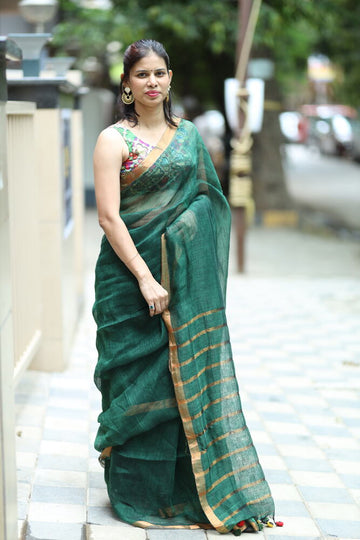 Bottle Green Copper Pallu Plain Handloom Linen