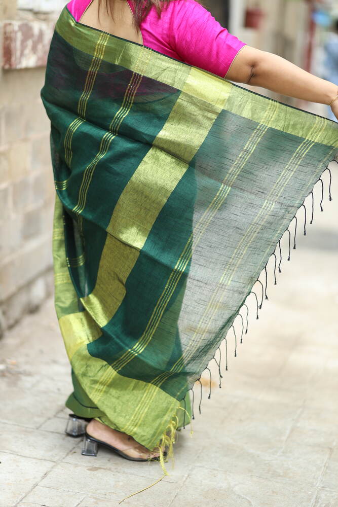 Bottle Green with Big Gold Border Handloom Linen