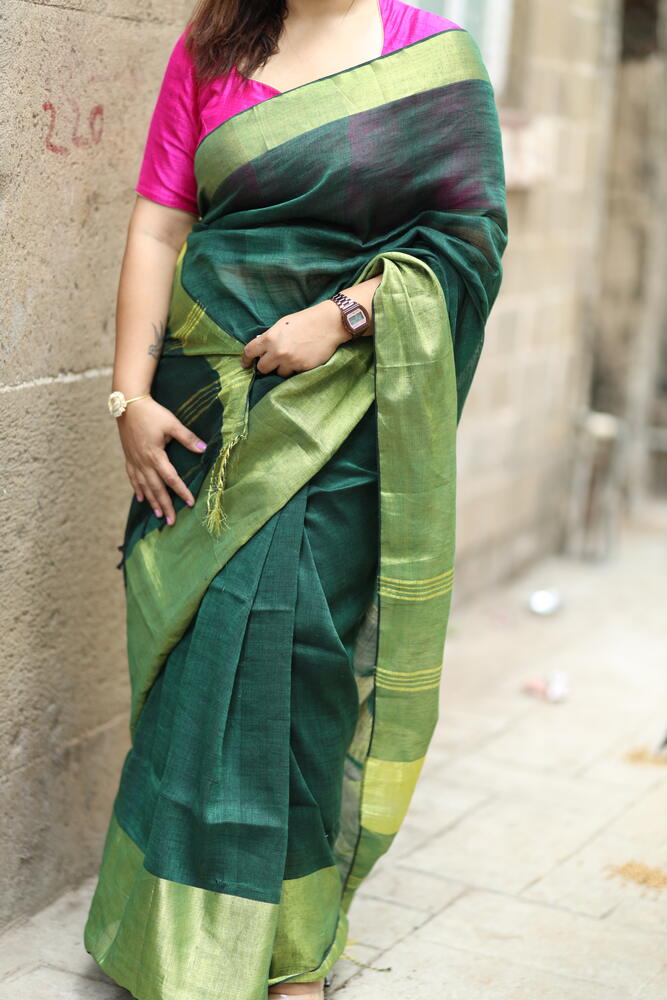 Bottle Green with Big Gold Border Handloom Linen