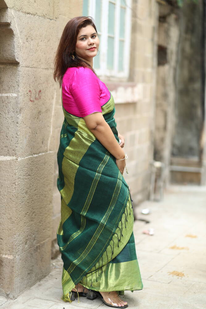 Bottle Green with Big Gold Border Handloom Linen