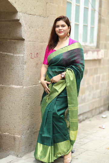 Bottle Green with Big Gold Border Handloom Linen