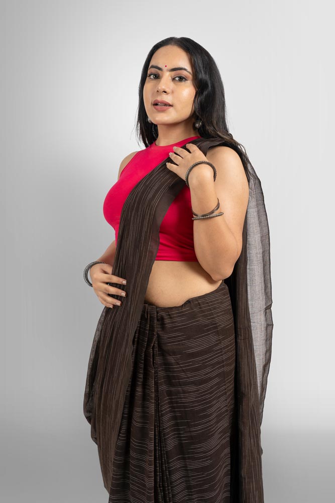 Brown Ikkat Handloom Saree with Tassels