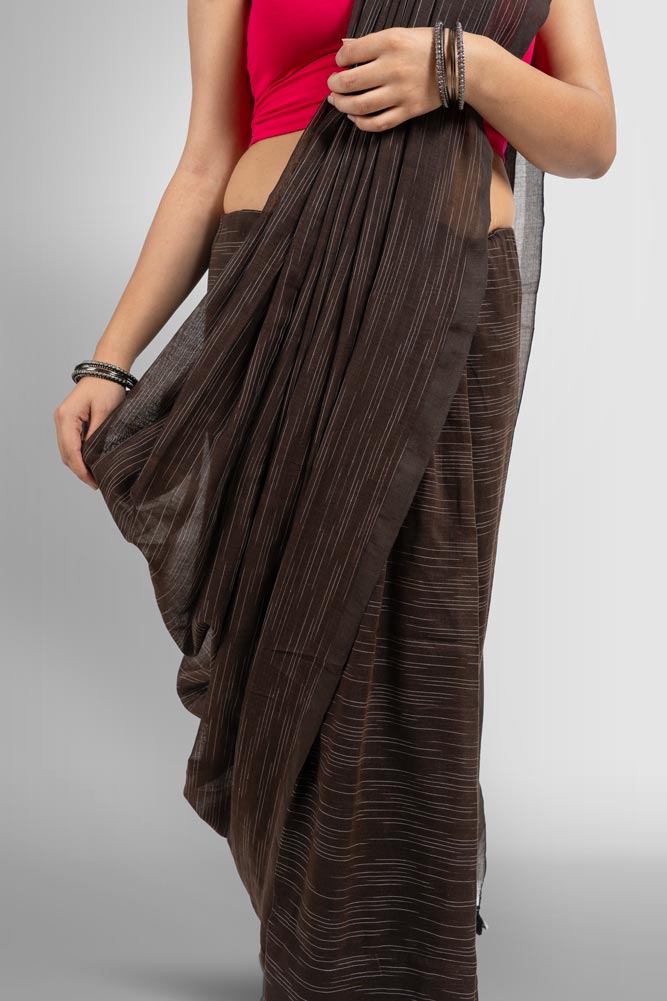 Brown Ikkat Handloom Saree with Tassels