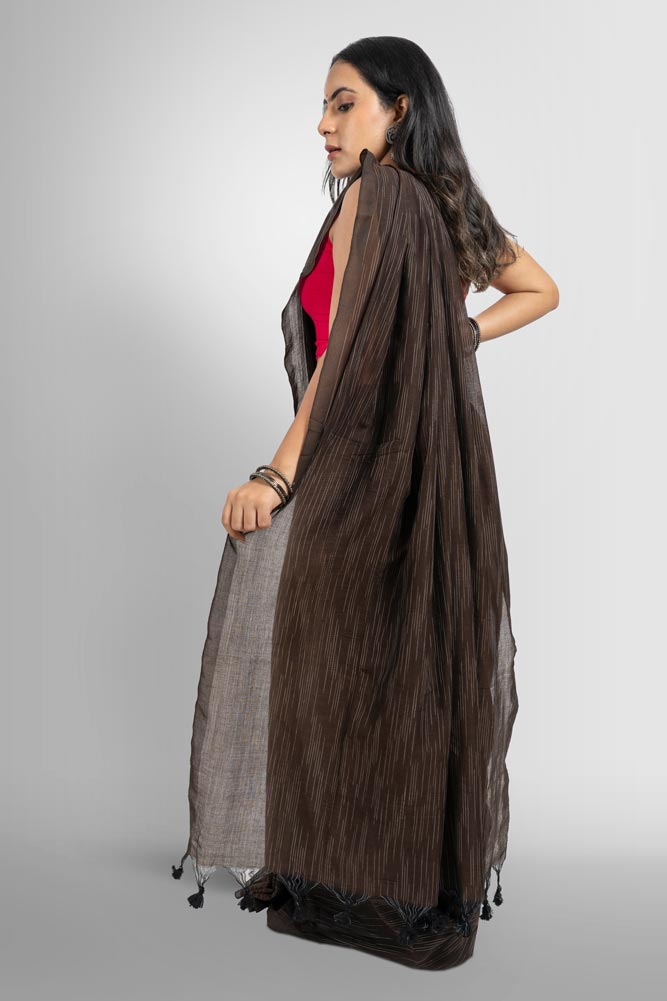 Brown Ikkat Handloom Saree with Tassels