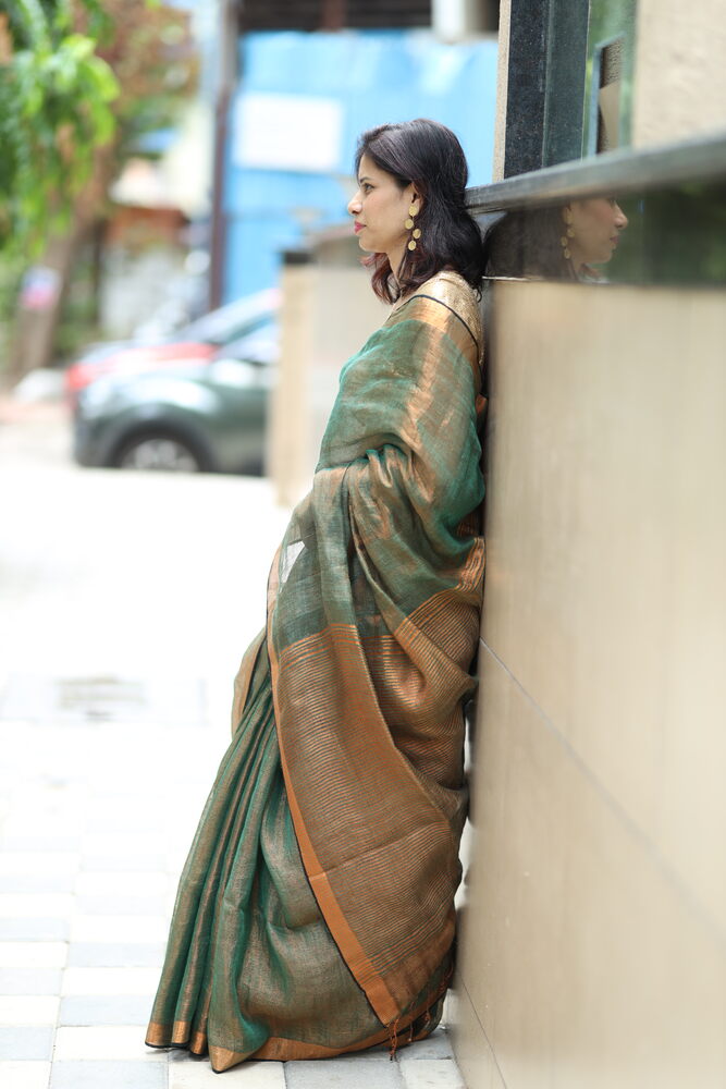 Copper Green Handloom Metalic Linen