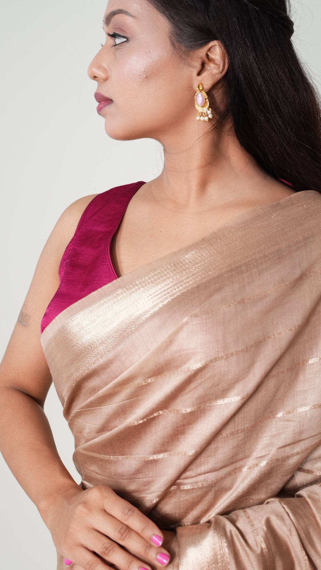Champagne Gold Natural Art Silk Stripes Saree