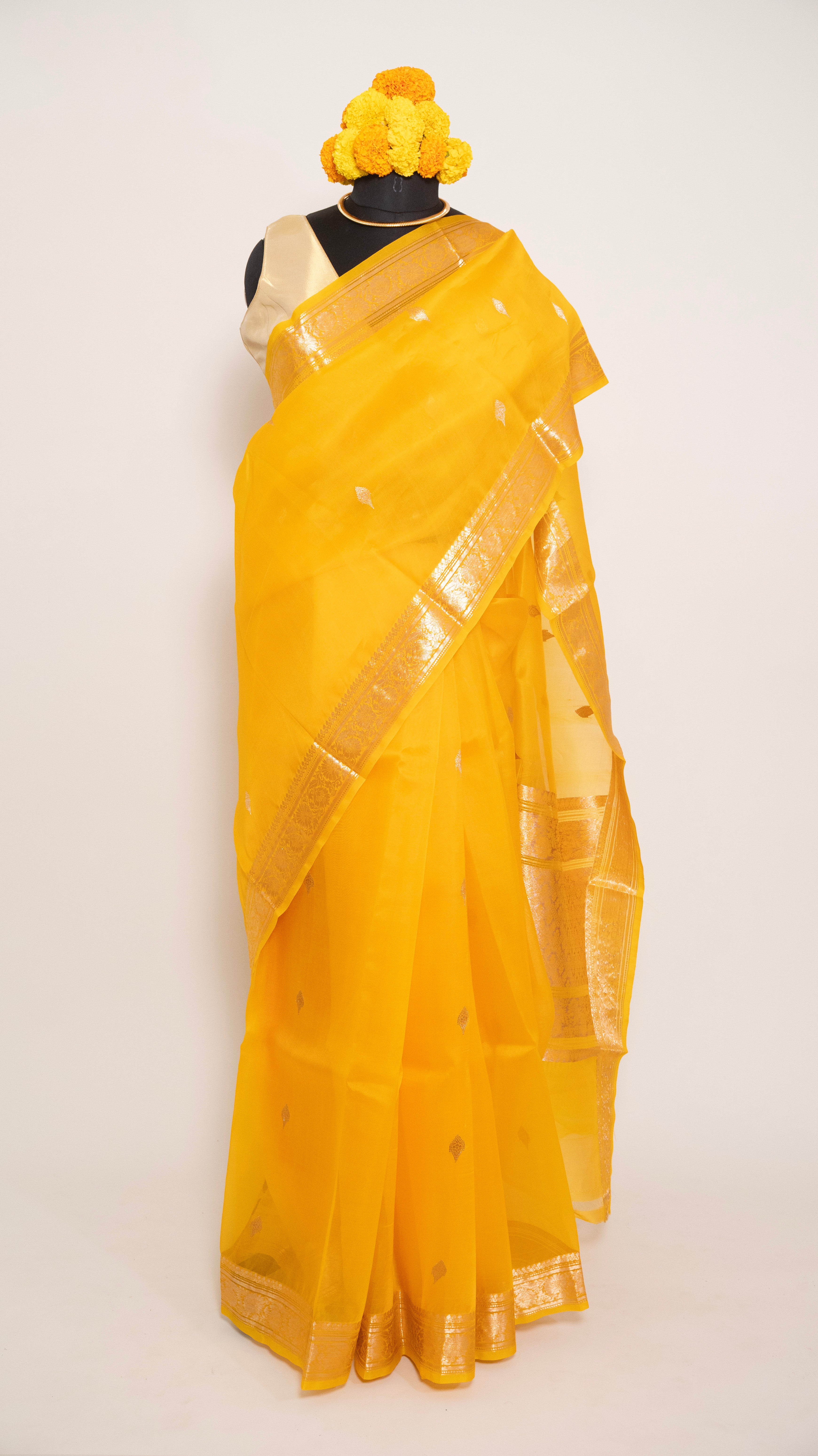 Mustard Yellow Kora Silk Kadwa Sona Roopa Banarasi Saree