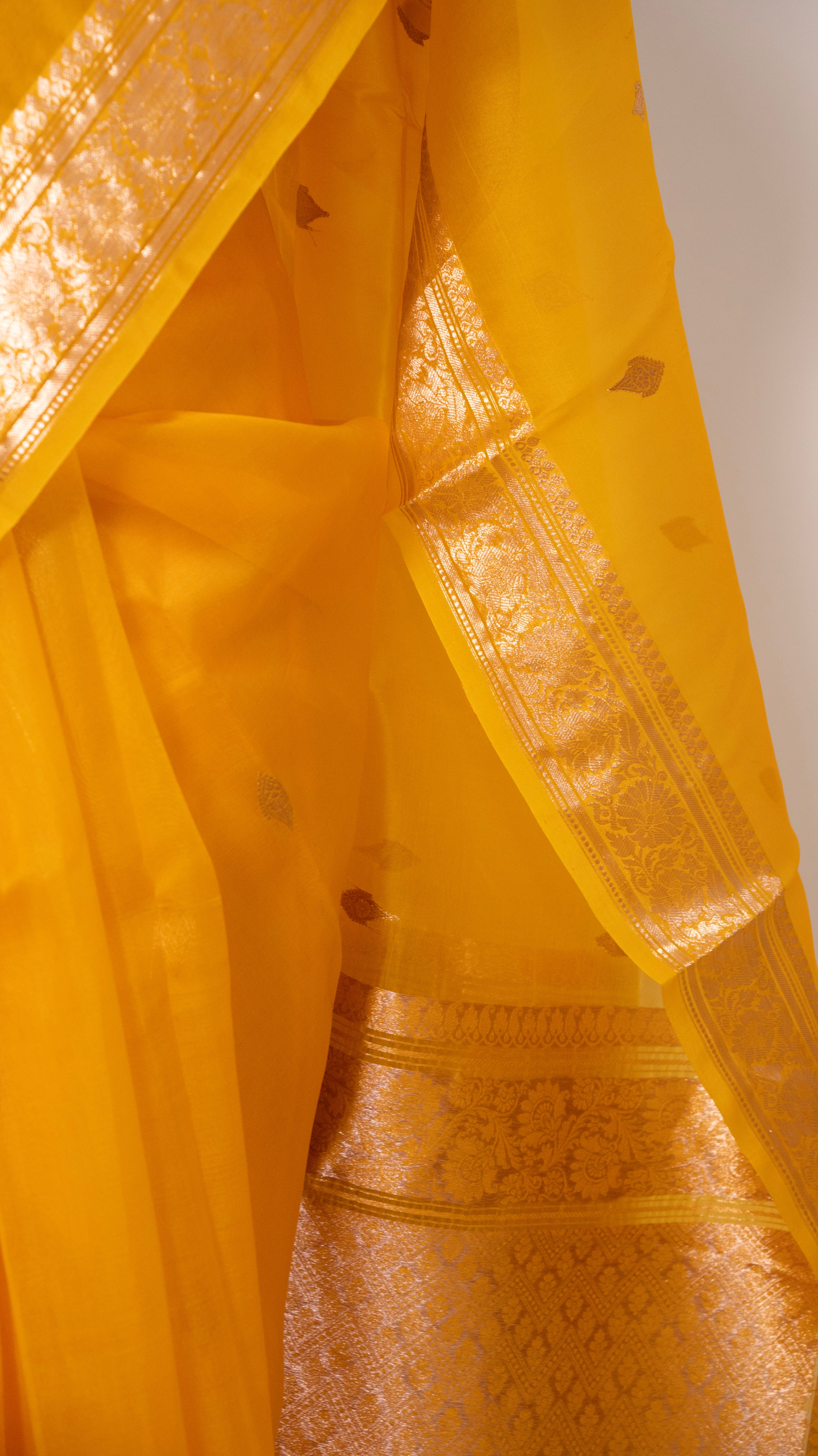 Mustard Yellow Kora Silk Kadwa Sona Roopa Banarasi Saree