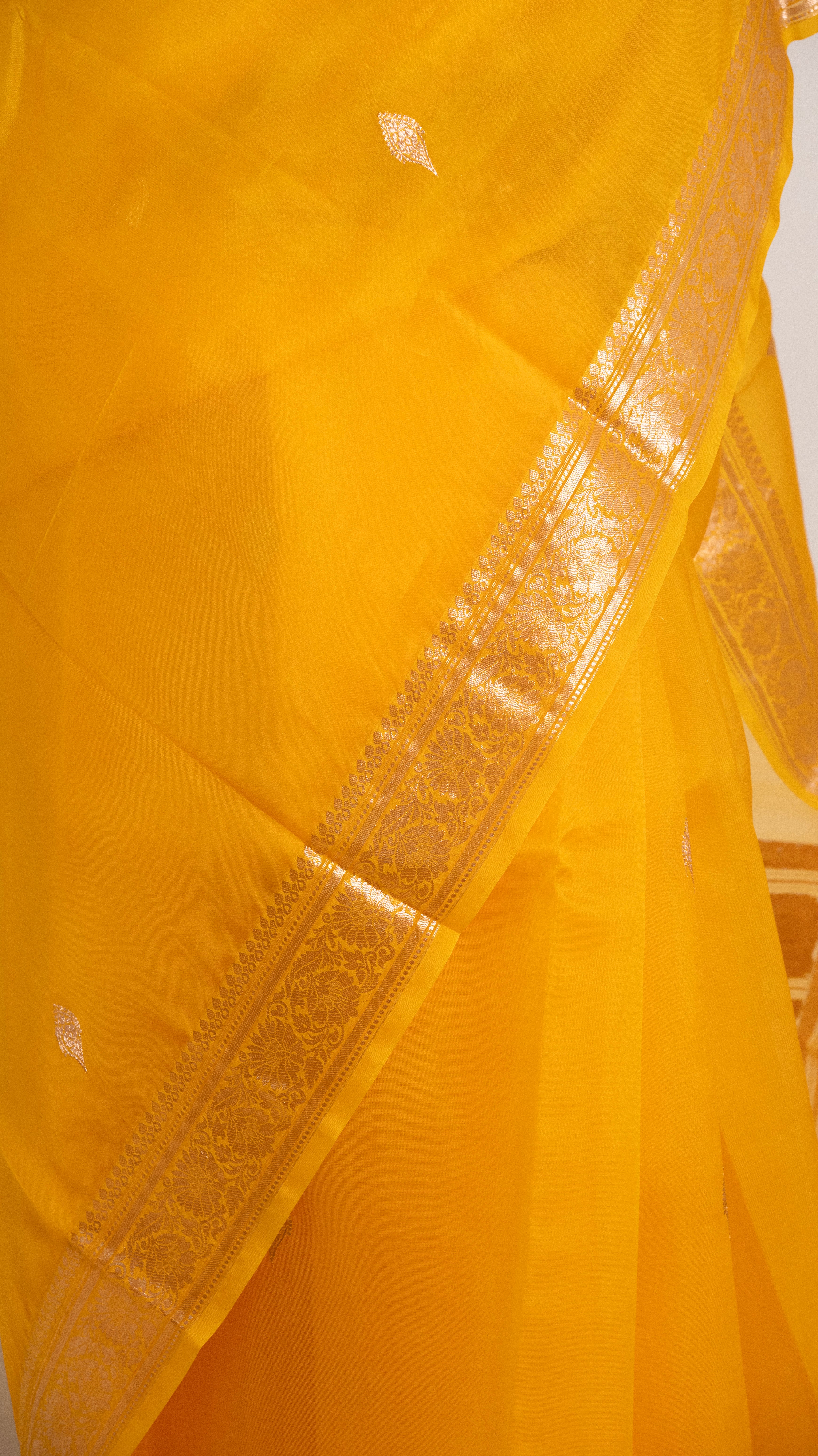 Mustard Yellow Kora Silk Kadwa Sona Roopa Banarasi Saree