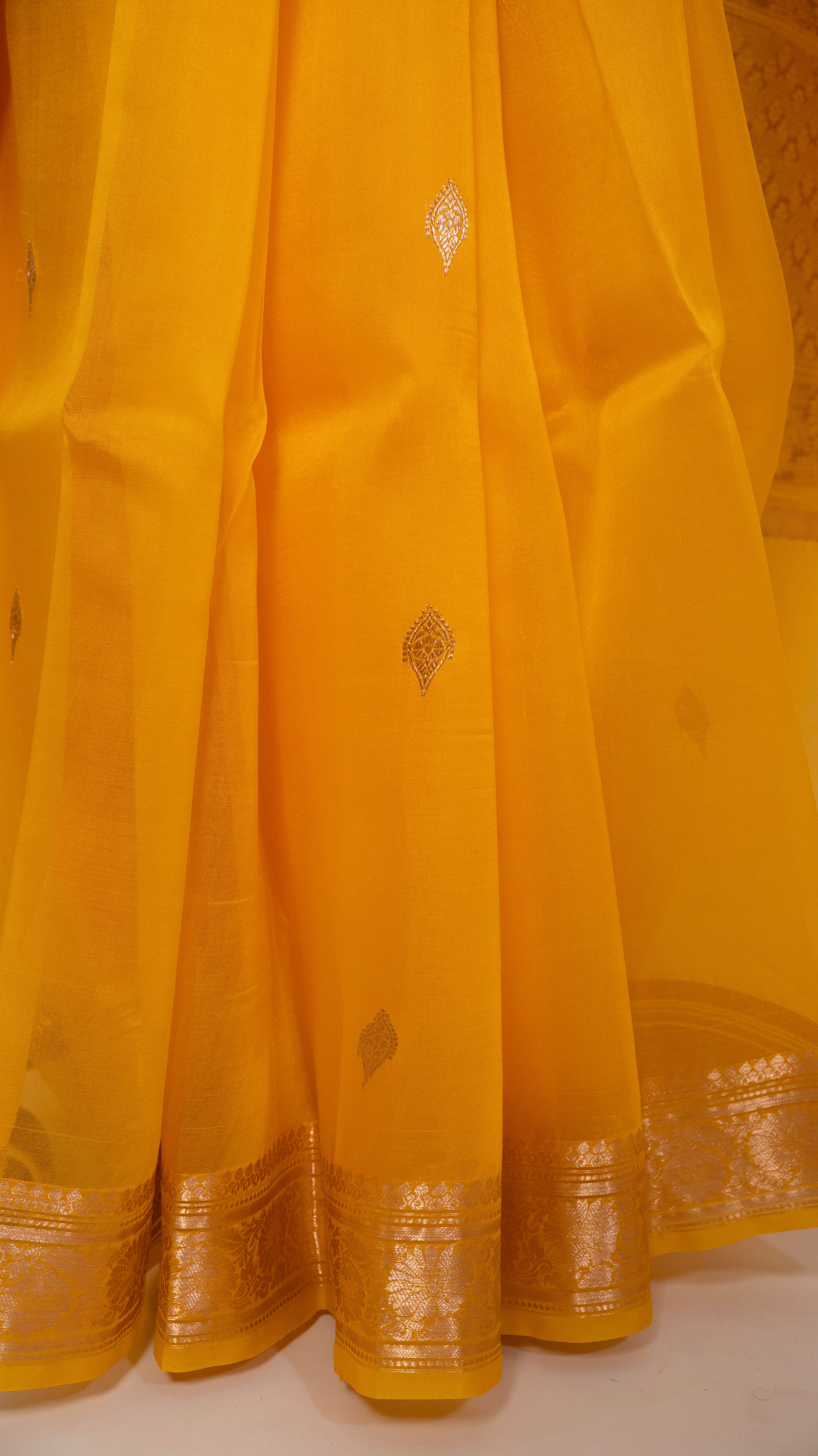 Mustard Yellow Kora Silk Kadwa Sona Roopa Banarasi Saree
