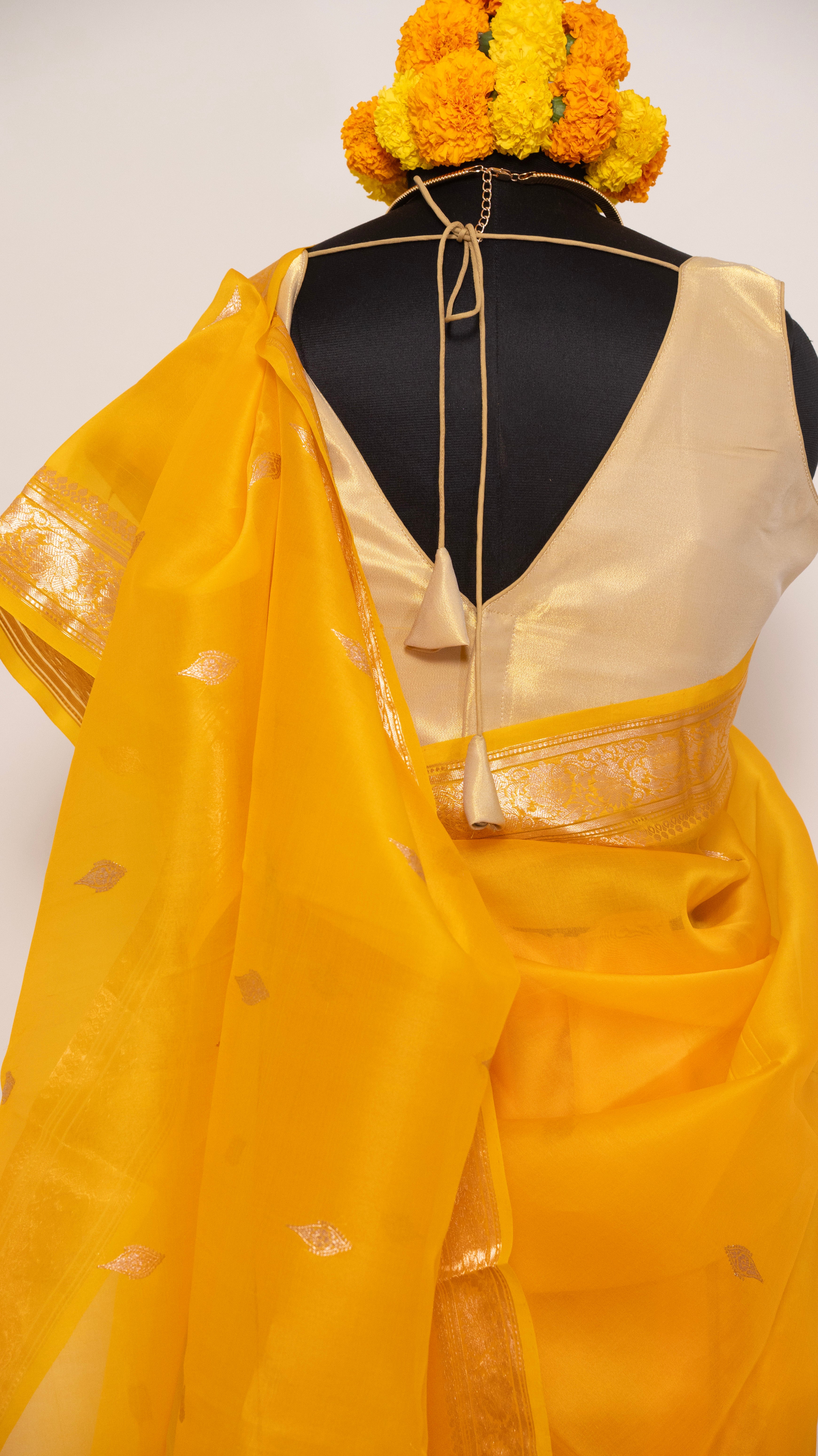 Mustard Yellow Kora Silk Kadwa Sona Roopa Banarasi Saree