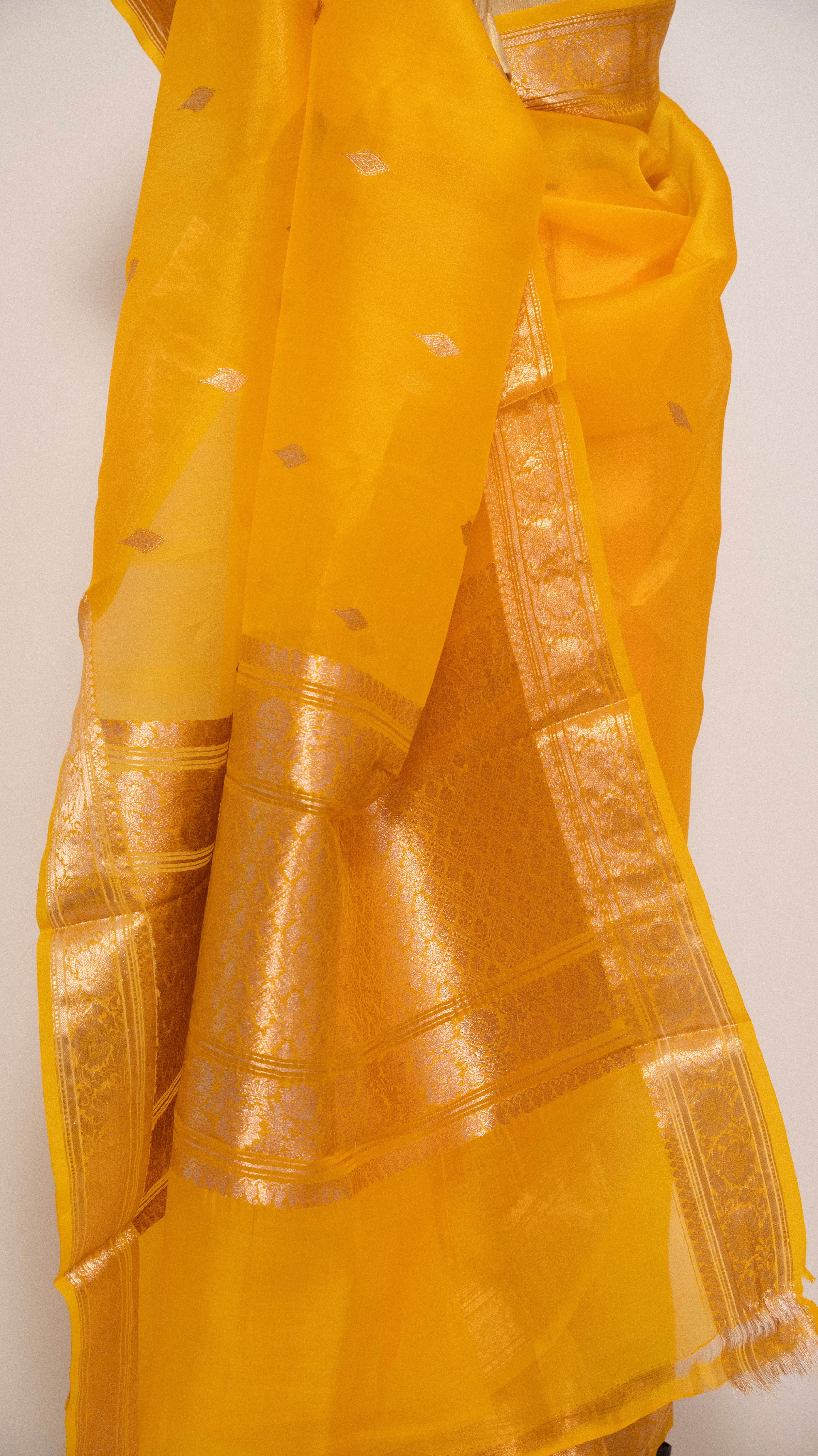 Mustard Yellow Kora Silk Kadwa Sona Roopa Banarasi Saree
