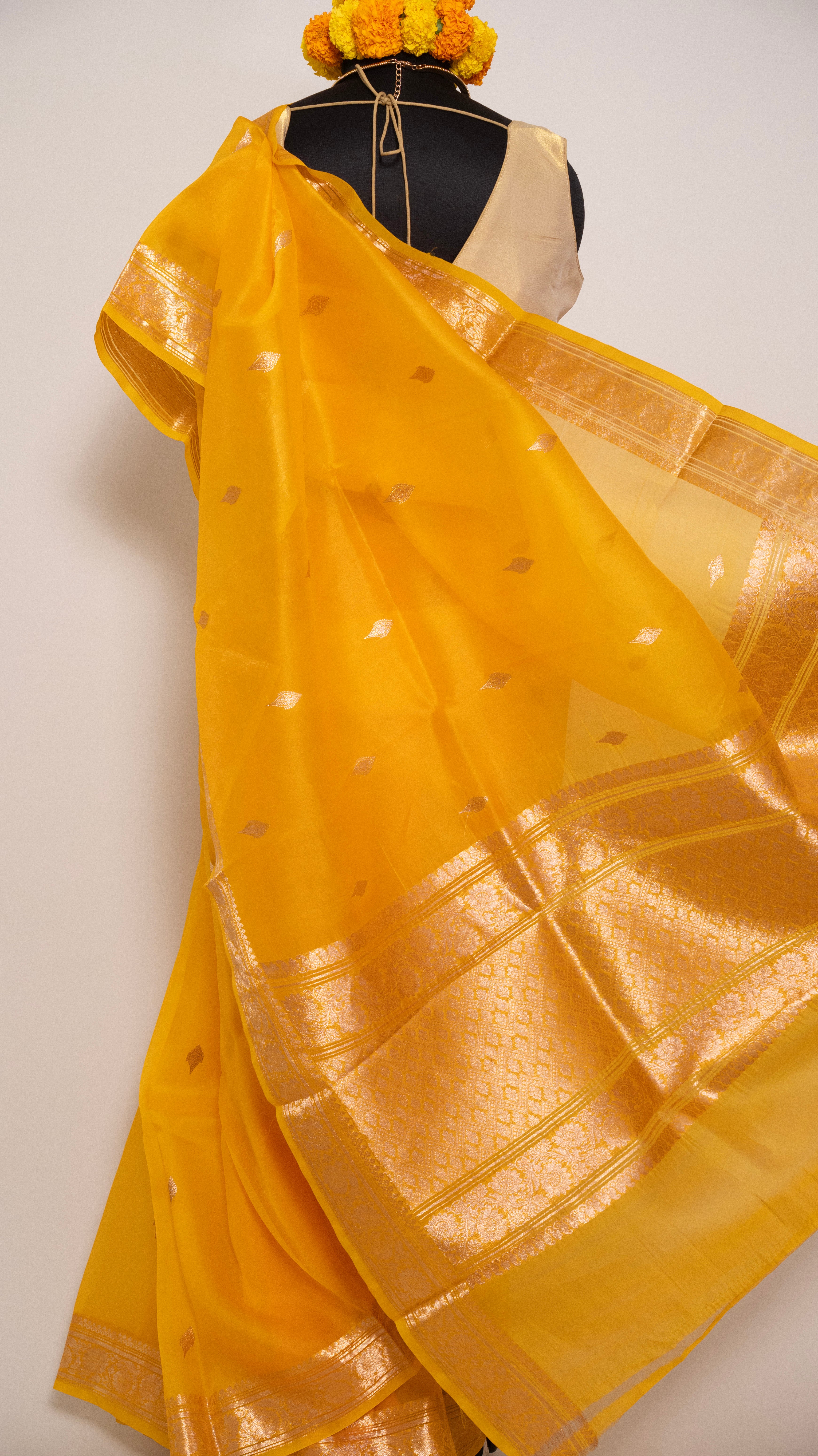 Mustard Yellow Kora Silk Kadwa Sona Roopa Banarasi Saree