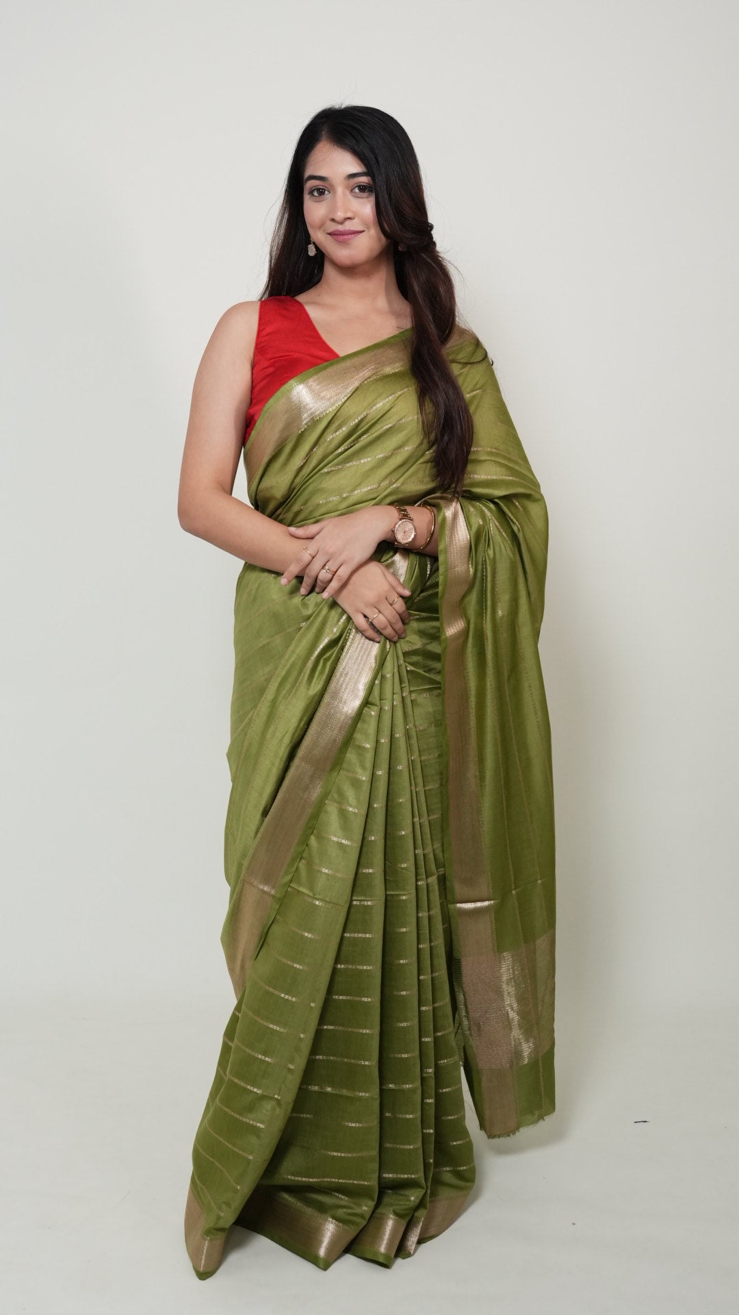 Olive Green Natural Art Silk Stripes Saree