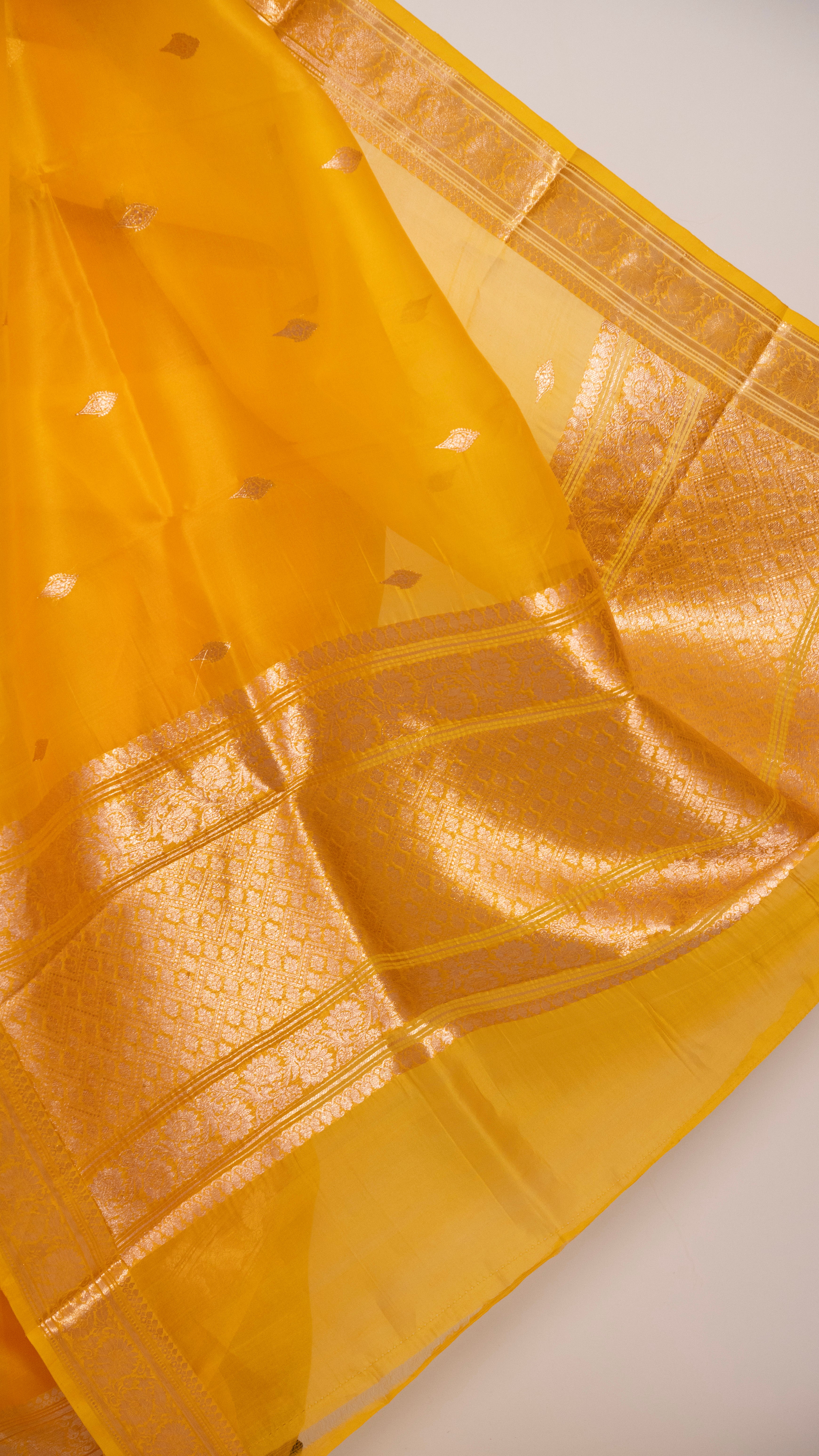 Mustard Yellow Kora Silk Kadwa Sona Roopa Banarasi Saree