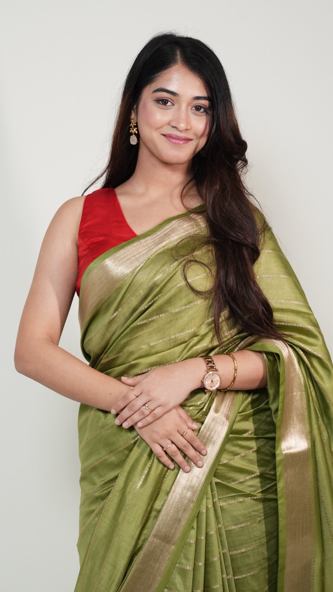 Olive Green Natural Art Silk Stripes Saree