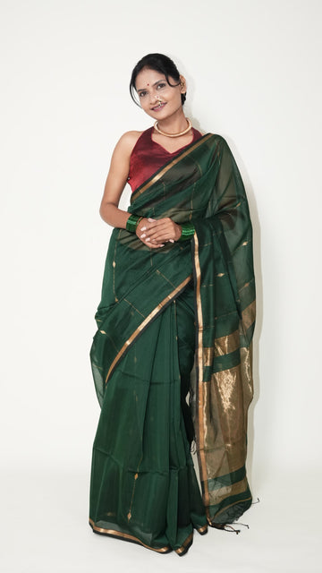 Bottle Green Maheshwari Zari Stripes Handloom Saree