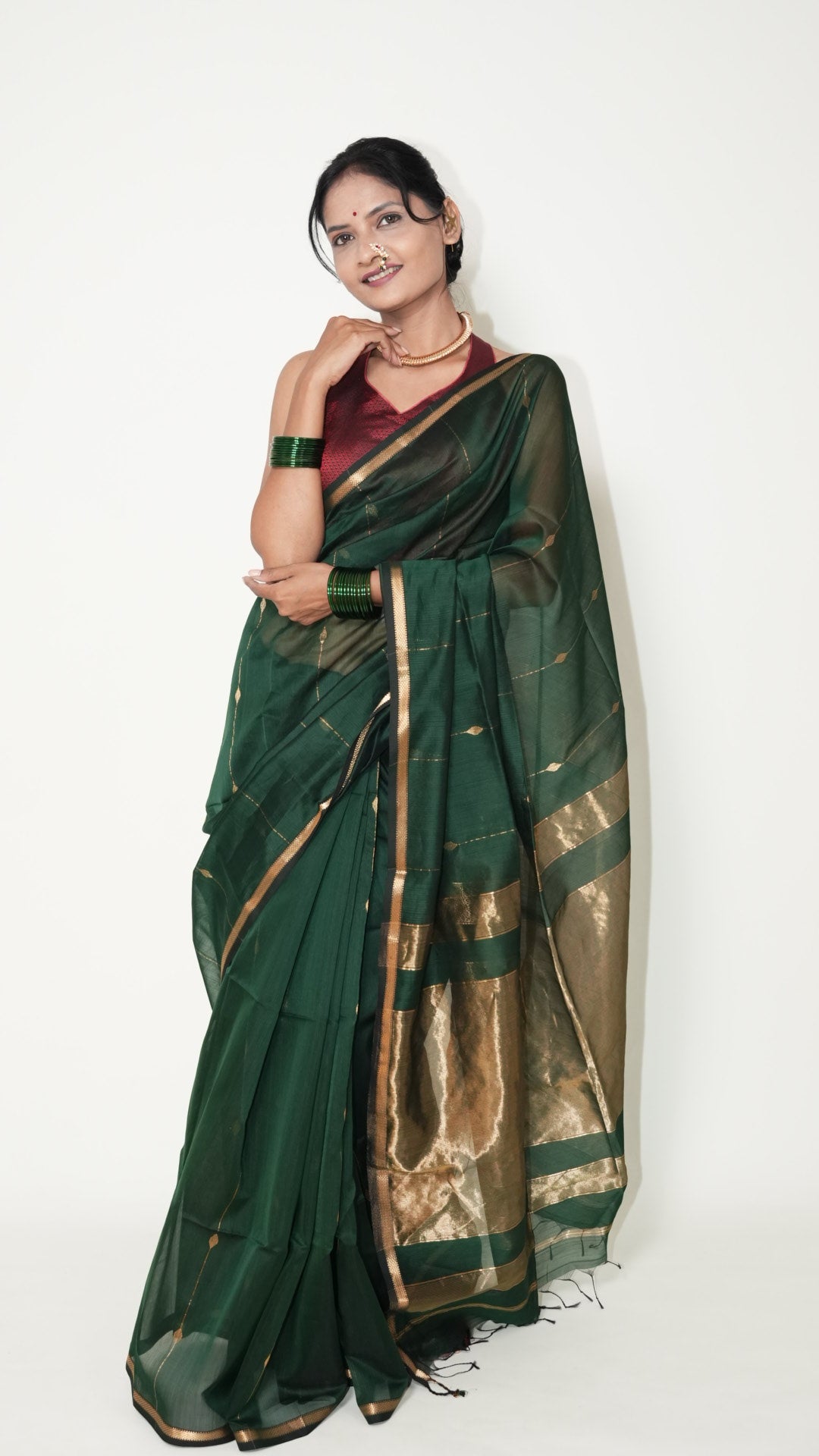 Bottle Green Maheshwari Zari Stripes Handloom Saree