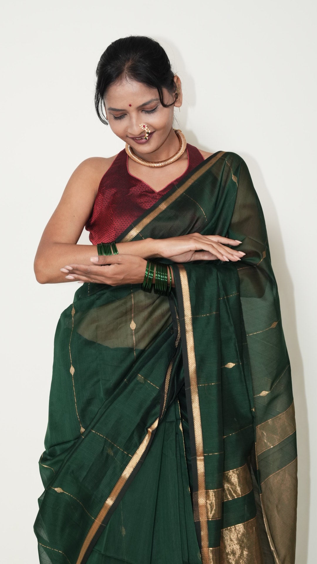 Bottle Green Maheshwari Zari Stripes Handloom Saree