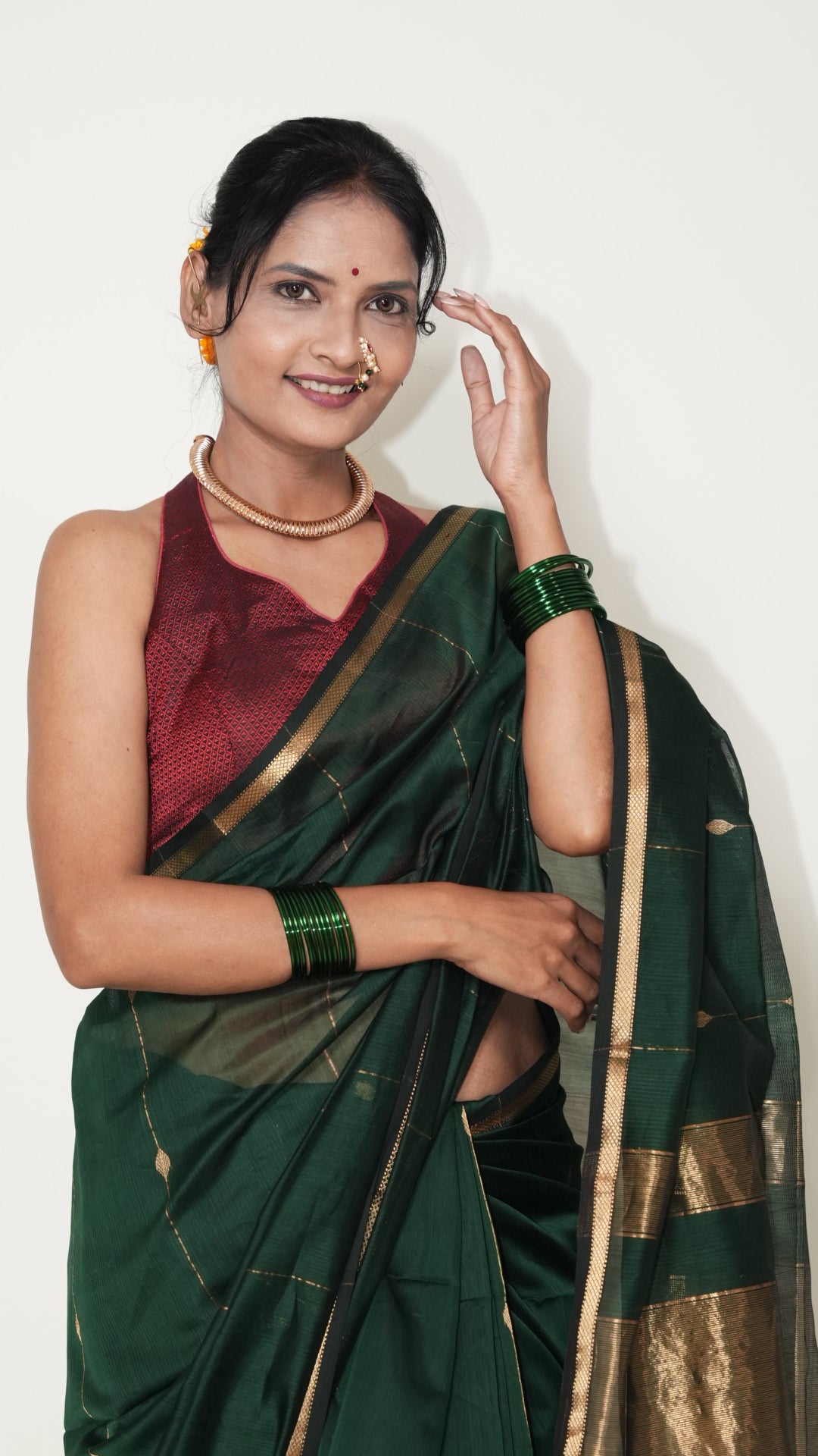 Bottle Green Maheshwari Zari Stripes Handloom Saree