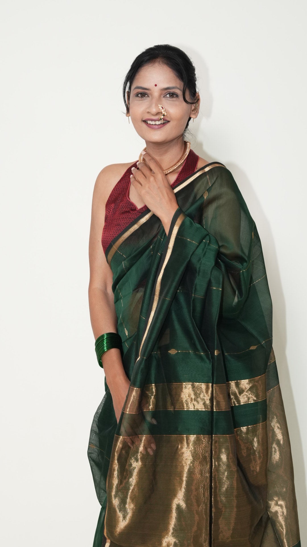 Bottle Green Maheshwari Zari Stripes Handloom Saree