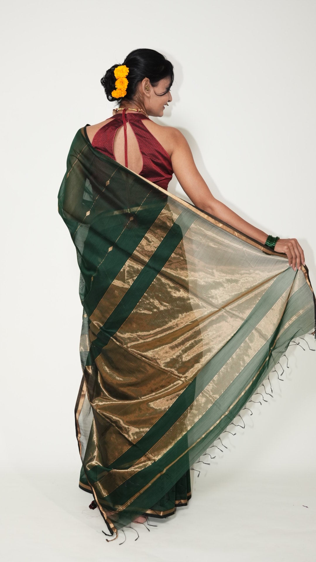 Bottle Green Maheshwari Zari Stripes Handloom Saree