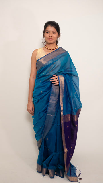 Dark teal blue cotton silk handloom Maheshwari ruhi butti saree