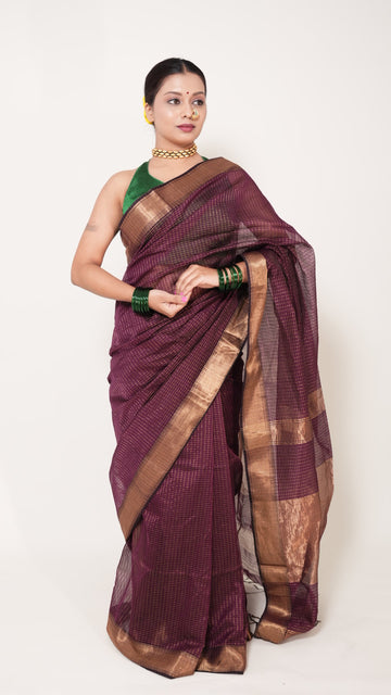 Wine Maheshwari Zari Checks Handloom Saree