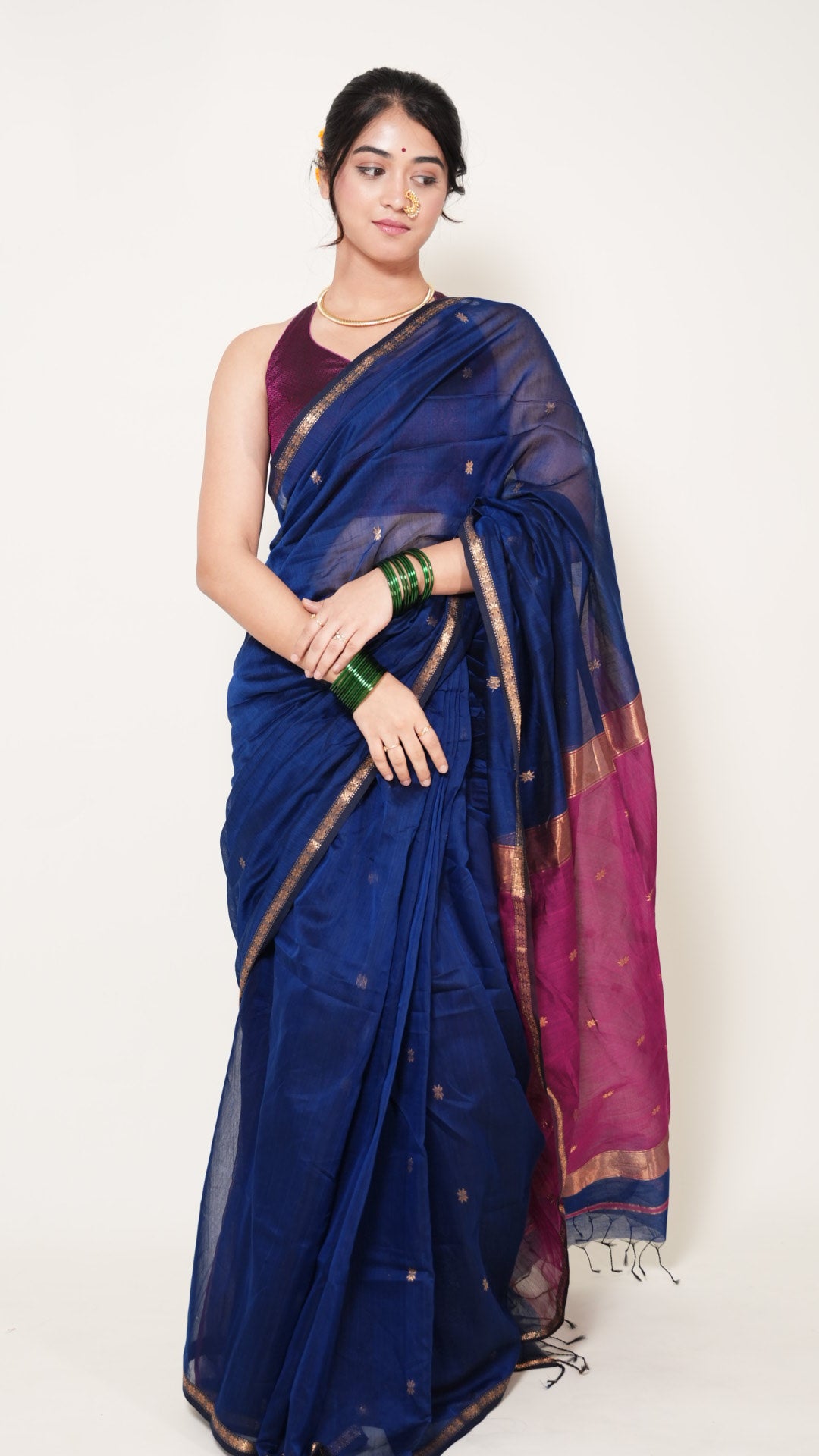 Blue With Pink Pallu Maheshwari star Butti Handloom Saree