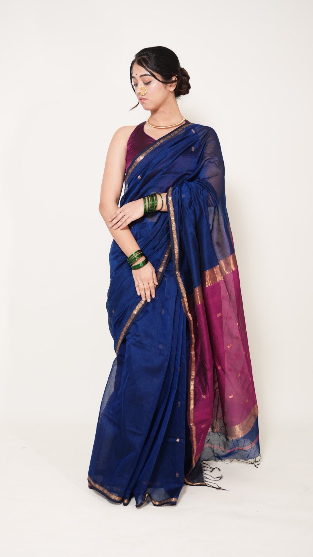 Blue With Pink Pallu Maheshwari star Butti Handloom Saree