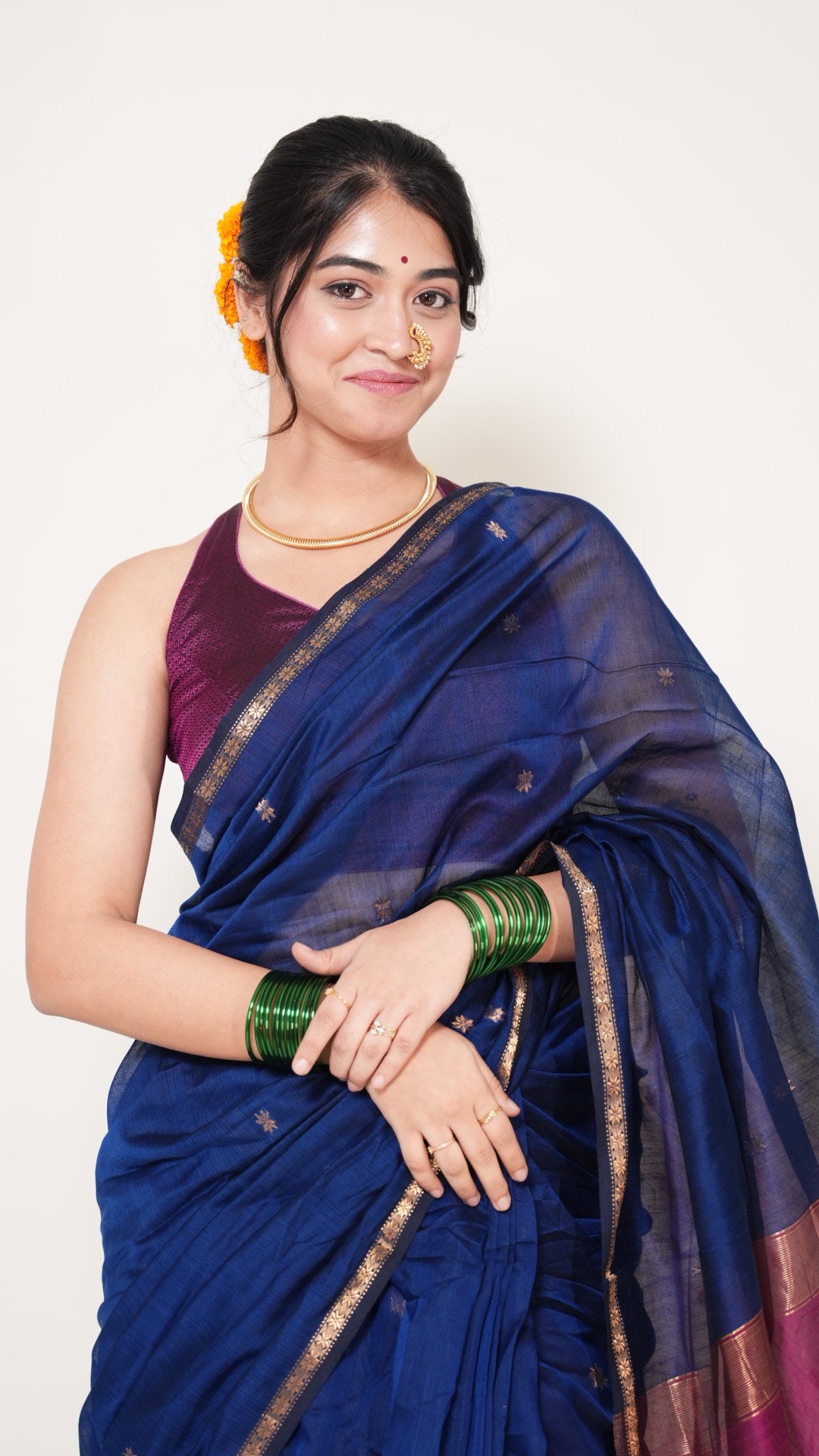 Blue With Pink Pallu Maheshwari star Butti Handloom Saree