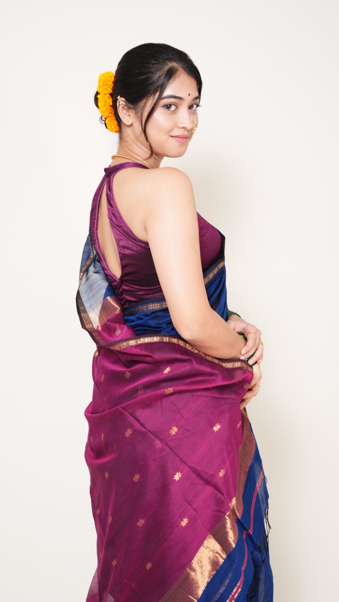Blue With Pink Pallu Maheshwari star Butti Handloom Saree