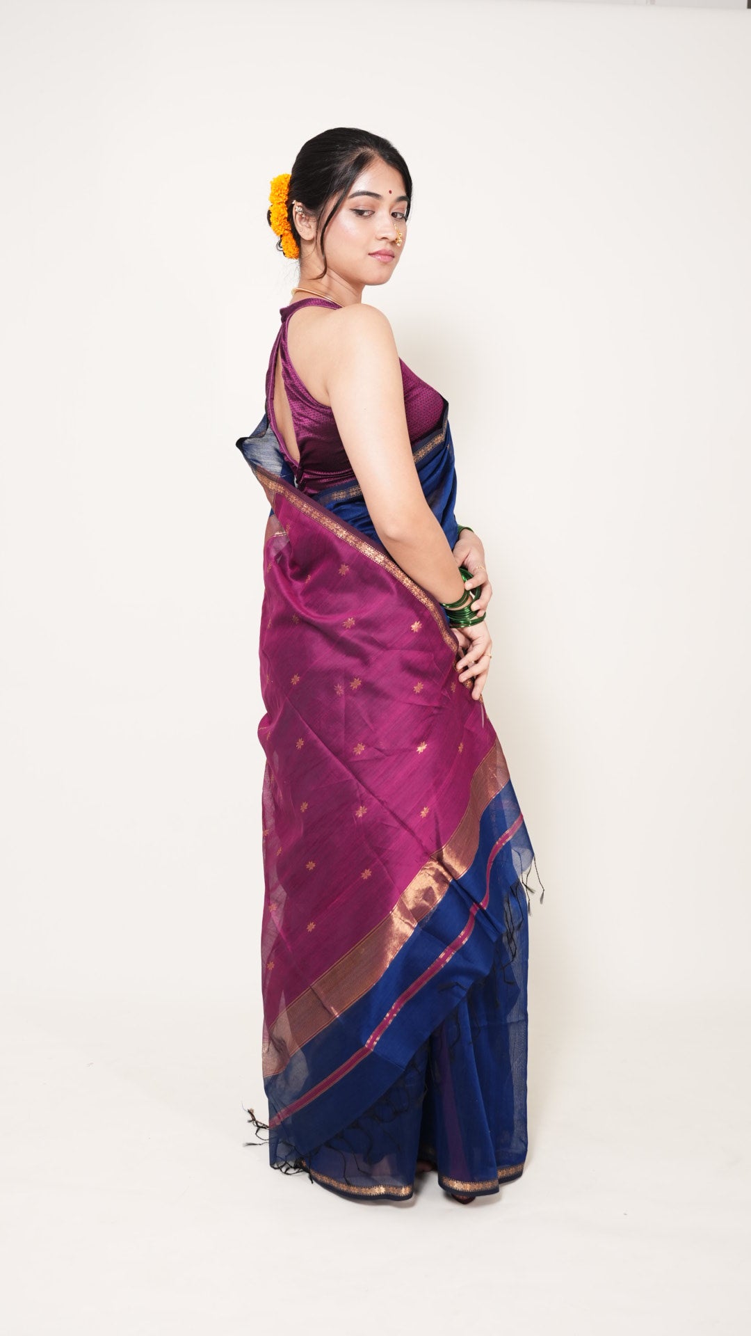 Blue With Pink Pallu Maheshwari star Butti Handloom Saree