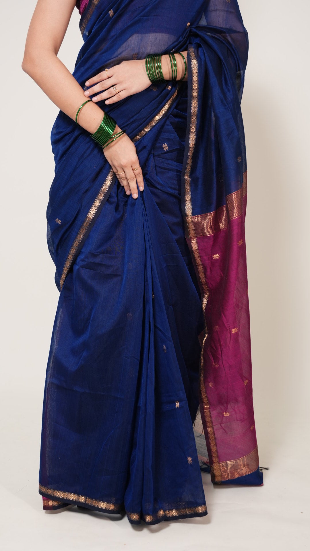 Blue With Pink Pallu Maheshwari star Butti Handloom Saree