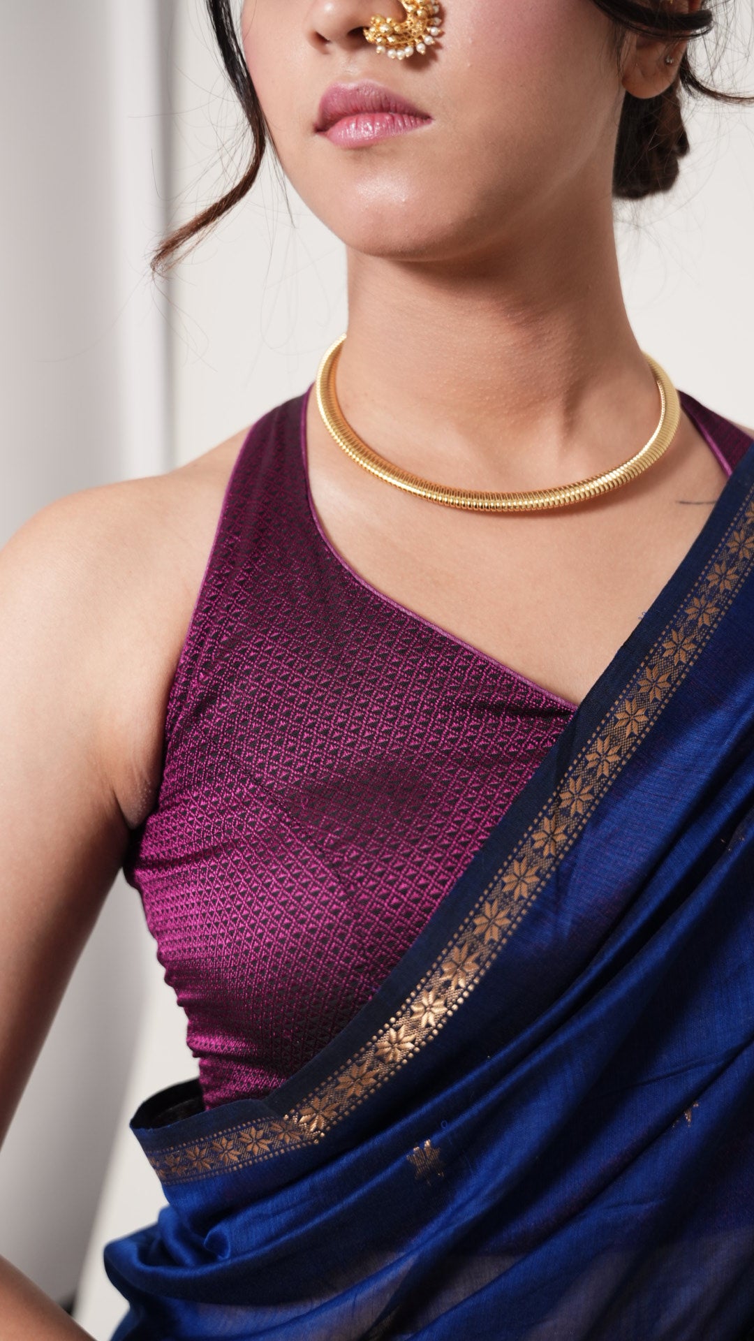 Blue With Pink Pallu Maheshwari star Butti Handloom Saree