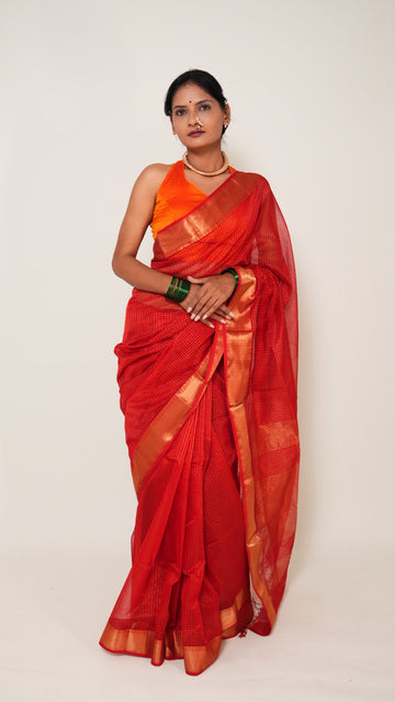 Red Maheshwari Zari checks Handloom Saree