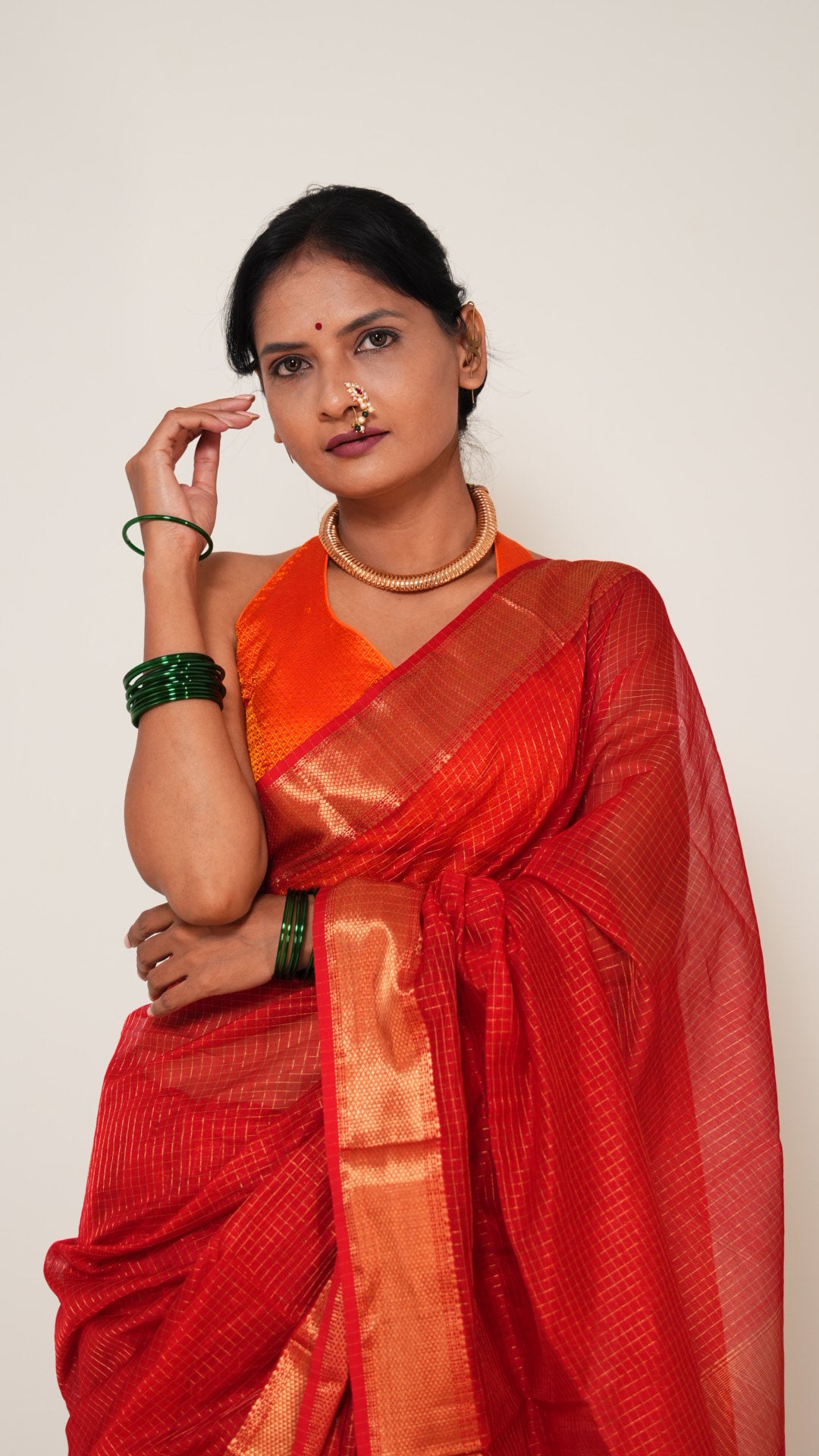 Red And Orange Dual Tone Maheshwari Zari Stripes Handloom Saree