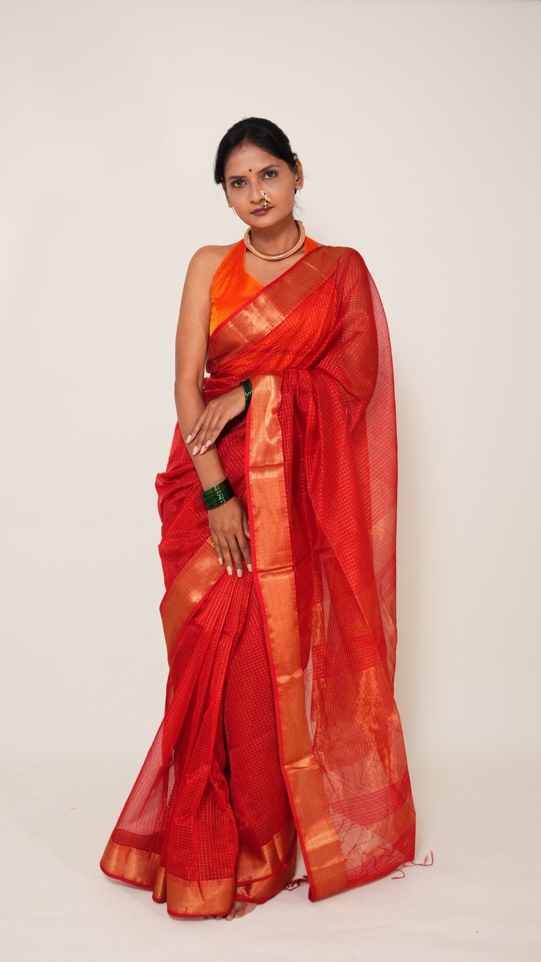 Red Maheshwari Zari checks Handloom Saree