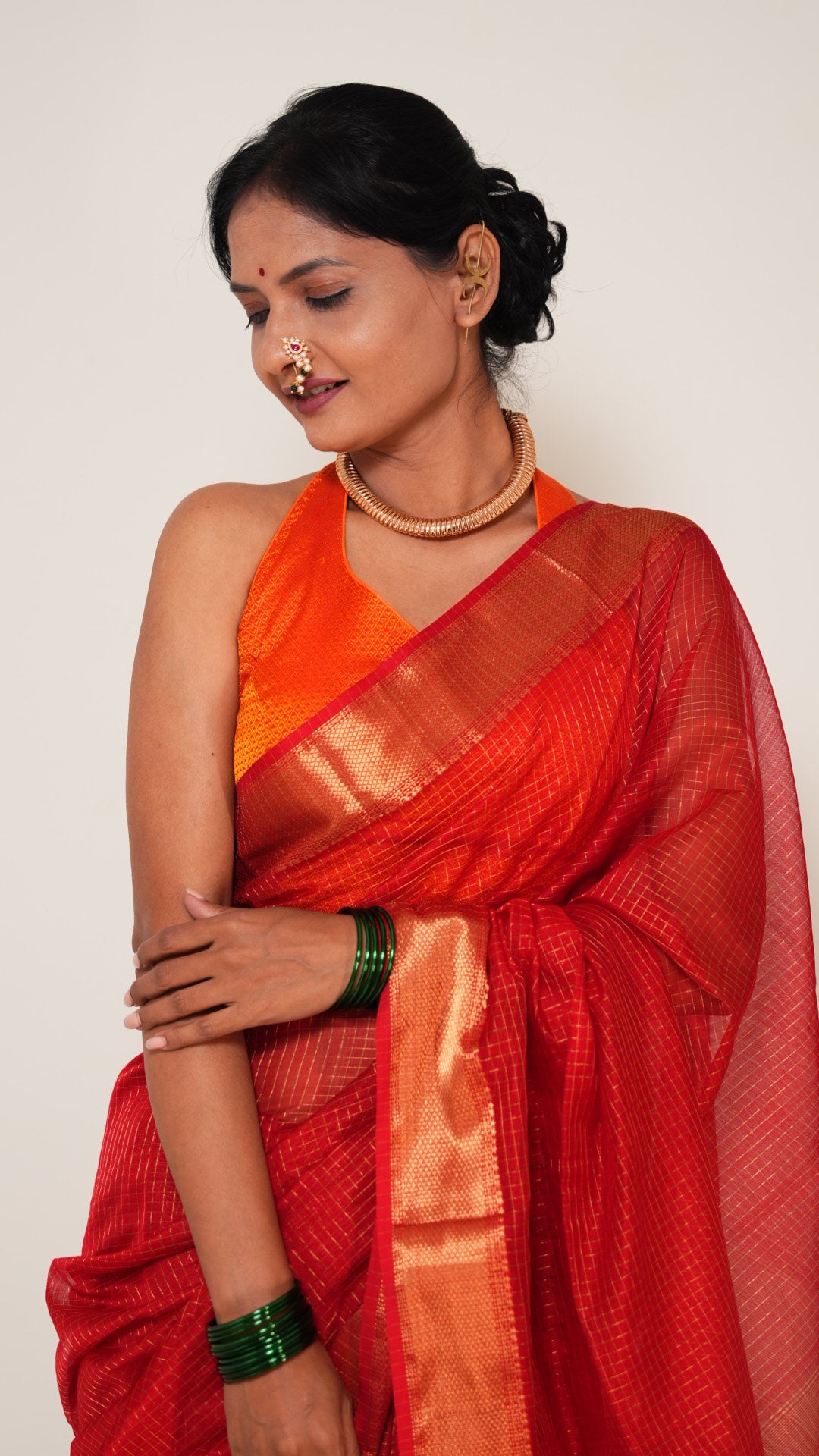 Red Maheshwari Zari checks Handloom Saree