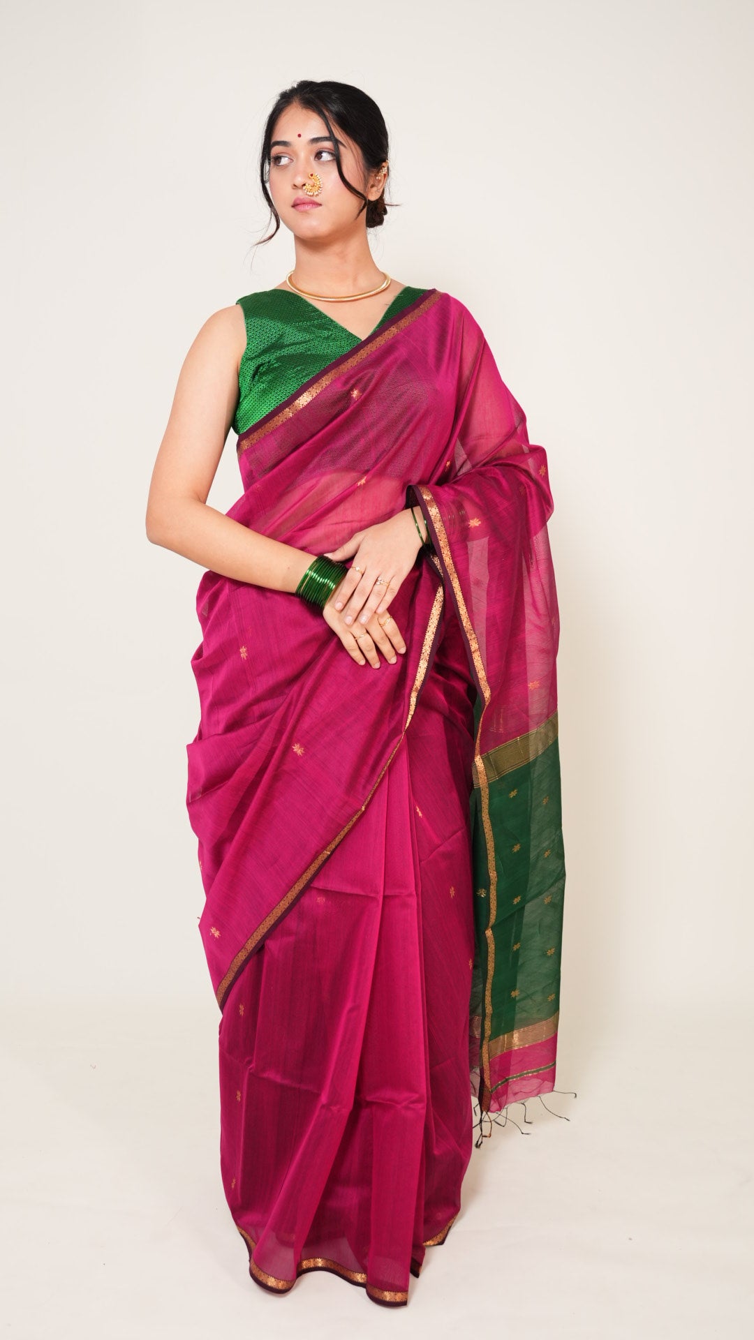 Deep Pink With Green Pallu Maheshwari Butti Handloom Saree